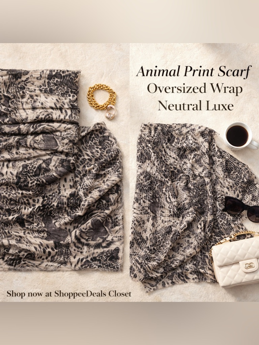 Animal Print Oversized Square Scarf Wrap Shawl Neutral Gold Black